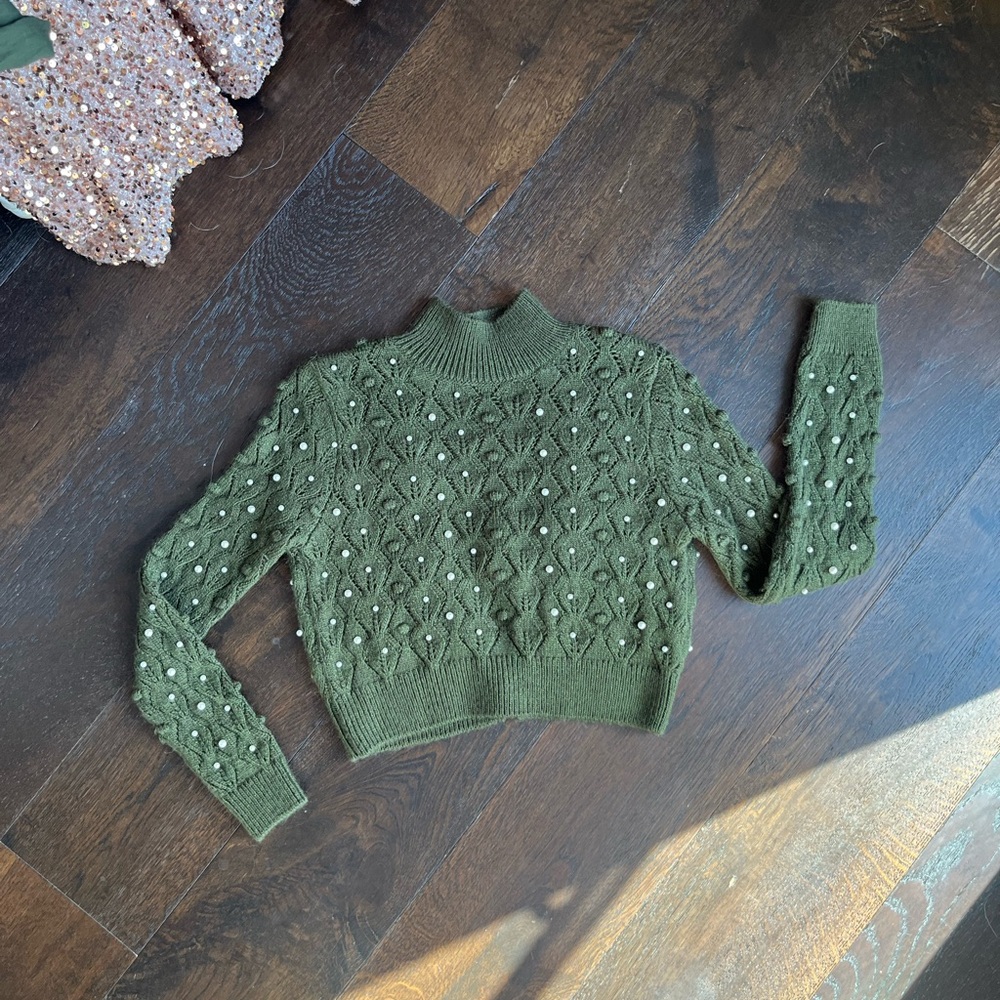 Zara Forest Green Textured Backless Turtleneck Sweater